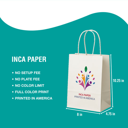 Printed White Paper Bags with Twisted Handles (8 × 4.75 × 10.25) — custom paper bags with twisted handles printed in America. Full color printed paper bags with logo using eco-friendly ink and no setup fees.