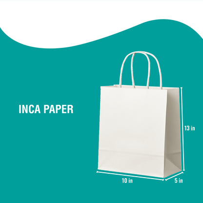 White Paper Bags with Twisted Handles (10 × 5 × 13) — custom paper bags with twisted handles printed in America. Full color printed paper bags with logo using eco-friendly ink and no setup fees.