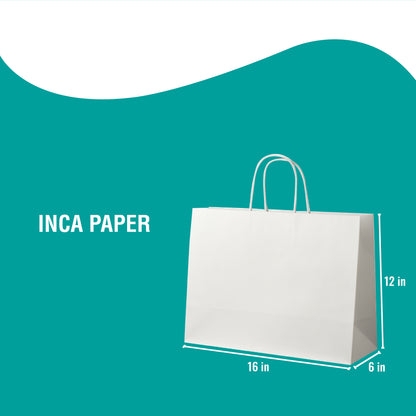 White Paper Bags with Twisted Handles (16 × 6 × 12) — custom paper bags with twisted handles printed in America. Full color printed paper bags with logo using eco-friendly ink and no setup fees.