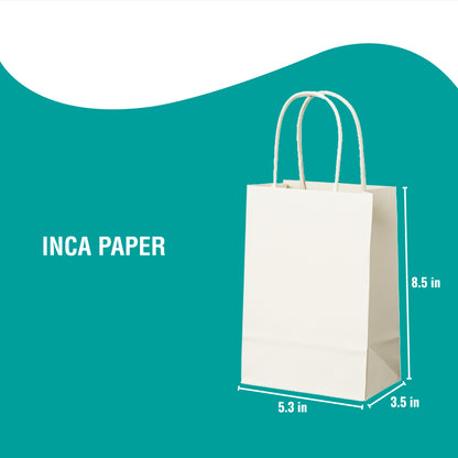 White Paper Bags with Twisted Handles (5.3 × 3.5 × 8.5) — paper bags with twisted handles made in America. Eco-friendly paper and no setup fees.